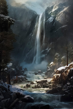 a waterfall cascading down a mountain, surrounded by rocks and trees, under a dark blue skyの素材