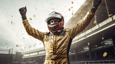 a race car driver in a gold suit, arms raised in victory, amidst falling gold confetti in a stadium settingの素材