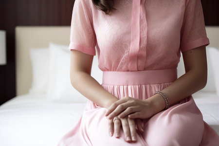 unrecognizable woman in a pink dress sitting thoughtfully on a bed with crisp white sheetsの素材