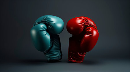 pair of boxing gloves, one red and one blue, facing each other on a solid gray background, creating a sense of competitionの素材