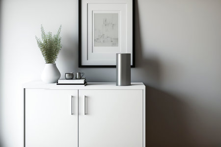 A minimalist room with a white cabinet, on top of which are a vase, picture frame, and silver cylindrical speakerの素材