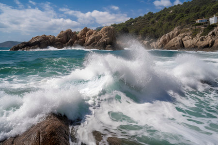 rocky coastline with frothy waves crashing against jagged rocks, a blue sky with white clouds, and a white house in the backgroundの素材