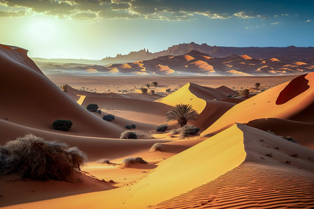 A desert landscape with orange sand dunes, scattered shrubs, a central palm tree, and a bright yellow sunrise against a light blue skyの素材