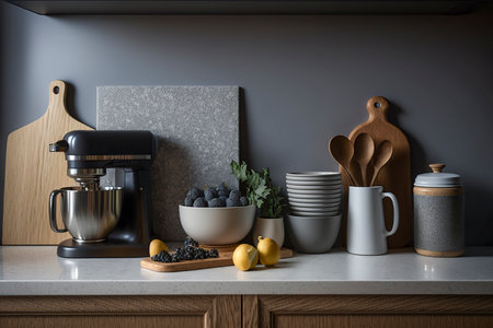 a kitchen countertop with various appliances and utensils, a stand mixer, and a cutting board with blueberries and lemonsの素材