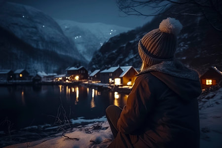 woman in a winter coat and hat, looking out at a snowy mountain landscape with small houses and a lit-up lakeの素材