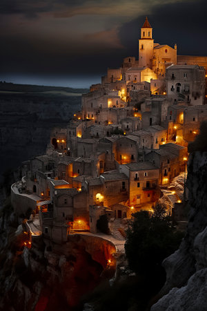 a cliffside village at night, illuminated by warm lights with a church tower in the backgroundの素材
