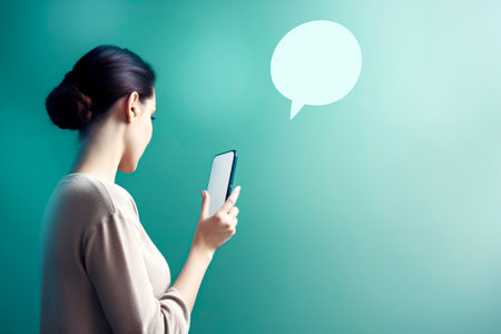 elegant woman holding a phone with a speech bubble above their head, against a gradient blue backgroundの素材
