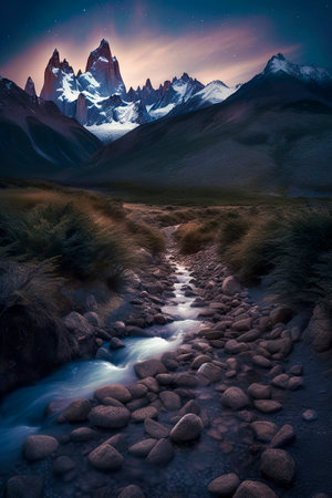 A starry sky overlooks a jagged mountain range, with a blue-hued, rocky river in the foreground, creating a dreamlike sceneの素材