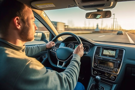 a man driving a car on a highway, with a touch screen GPS visibleの素材