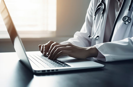 doctor s hands typing on a laptop, with a stethoscope around their neck, in front of a window with diffused lightingの素材