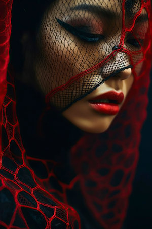 mistery woman wearing a red scarf with a black spider web patternの素材