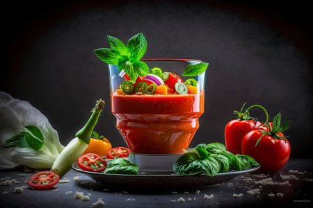 A tomato soup dish with fresh vegetables and herbs is presented in a clear glass bowl on a dark backgroundの素材