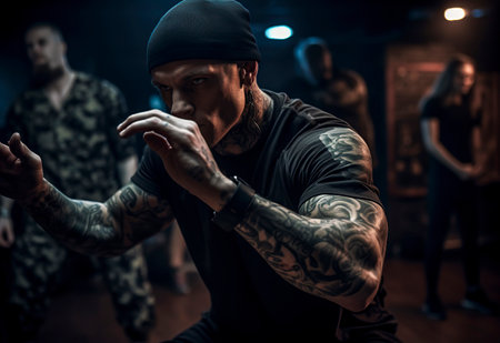 tattooed man in a black beanie and t-shirt is standing in a dimly lit room with blurred people in the backgroundの素材