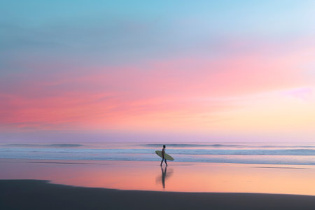 a surfer carrying a surfboard, walking on an empty beach at sunset with a pink and blue skyの素材