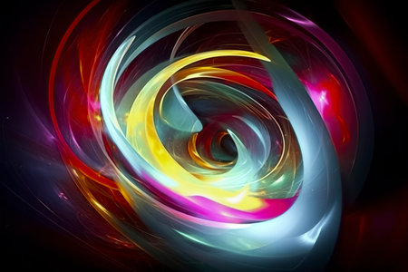 abstract vortex of swirling colors, predominantly red, yellow, and blue, on a black backgroundの素材