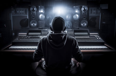 man in a hoodie sitting at a large music mixing console in a dark room with bright lightsの素材