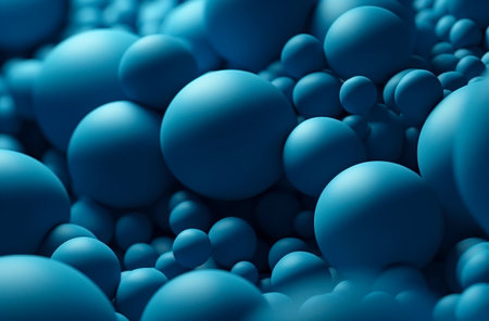 3D rendered image of various sized blue spheres arranged randomly on a gradient blue backgroundの素材