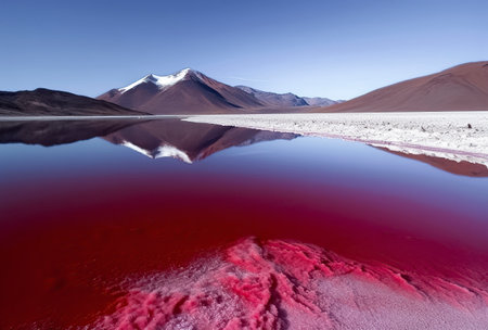 a vibrant pink lake, reflecting snow-capped mountains under a clear blue skyの素材