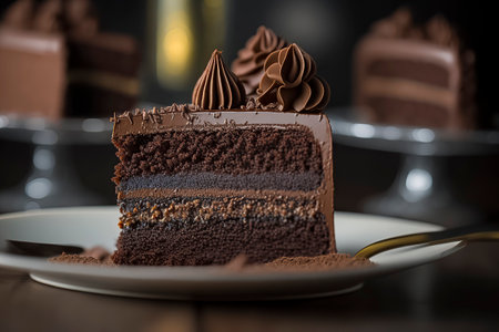 a slice of chocolate cake with layers of chocolate frosting, a chocolate swirl on top, and dusted with cocoa powderの素材