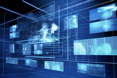 a futuristic blue computer interface with multiple screens displaying various data and imagesの素材