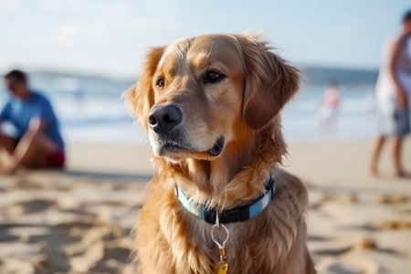 a golden retriever on a beach, with blurred people in the background and a blue ocean and skyの素材