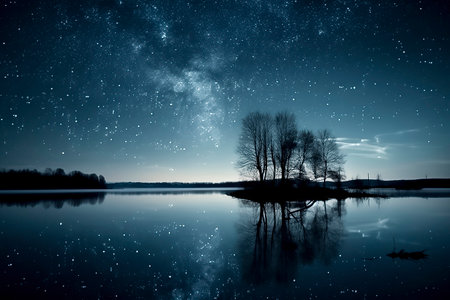 a starry night sky over a calm lake, reflecting the Milky Way and stars, with a silhouette of trees on the horizonの素材