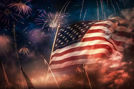 usa flag at night with fireworksの素材