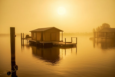serene lake at sunrise, featuring a dock with a small cabin on stilts in the water, under a foggy skyの素材