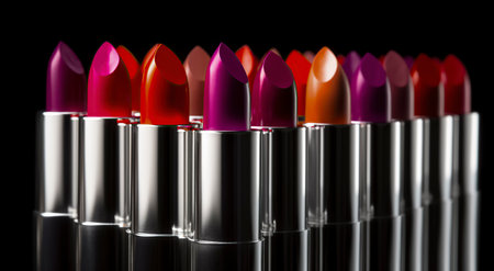 row of colorful lipsticks in silver tubes against a black backgroundの素材