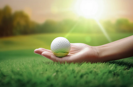 hand holding a golf ball on a well-manicured grassy field, with a backdrop of a beautiful orange sunsetの素材