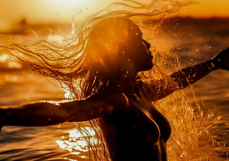 young woman with long hair amidst ocean waves at sunset, creating a vibrant and warm sceneの素材