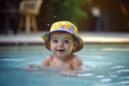 a happy child in a pool wearing a yellow floral hatの素材