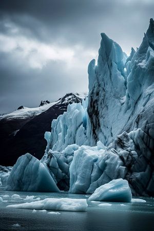 glacier with a mountain in the background and a cloudy sky. The glacier is blue and white, and the water in the foreground is light blueの素材