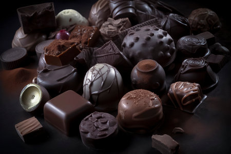 variety of chocolates of different shapes, sizes, and colors on a dark backgroundの素材