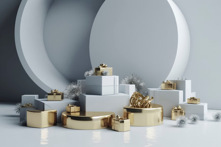 festive scene with white and gold gift boxes and decorations on a light blue backgroundの素材