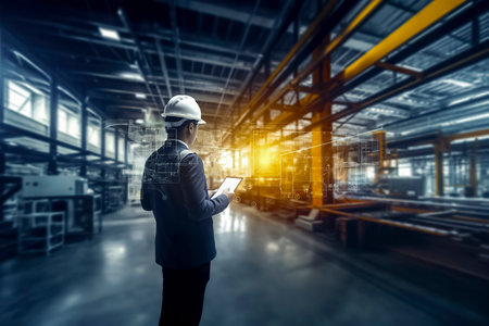 a person in a hard hat and safety vest, inspecting a warehouse with a clipboard. The warehouse has a futuristic overlay with lines and boxesの素材