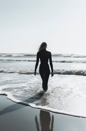 woman in a black wetsuit entering the seaの素材