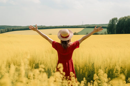 woman in a red dress and hat, standing in a field of yellow flowers with their arms outstretched, under a blue sky. The mood is peaceful and sereneの素材