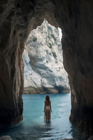 A woman stands in water inside a cave, gazing at the illuminated rocky opening leading to the open seaの素材