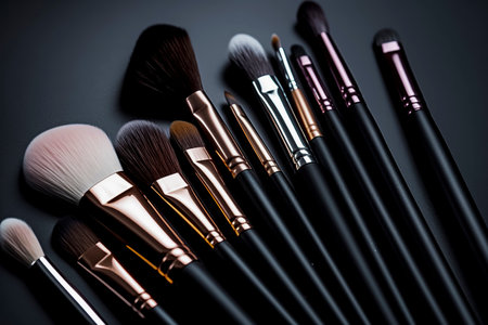 A collection of makeup brushes of various shapes and sizes, with metallic accents, displayed against a dark backgroundの素材