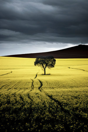 A lone, leafless tree stands in the center of a vast field of yellow flowers under a dark, cloudy skyの素材