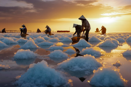 People harvesting salt in a field at sunset, wearing conical hats, with a wooden structure and water in the backgroundの素材