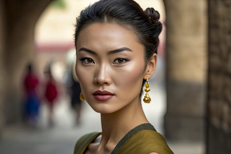 asian woman in green with gold earrings stands by an archway as people pass in the backgroundの素材