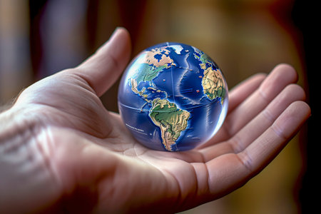 A hand holds a detailed globe, symbolizing care or connection, focused against a blurred background, highlighting unity and consciousnessの素材