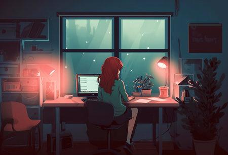 A serene workspace at night with a laptop, plants, books, and soft lighting by a window showing distant lightsの素材
