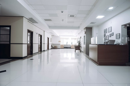 A modern office lobby with a wooden reception desk, white tiled floor, seating area with sofa and armchairs, and diffused lightingの素材