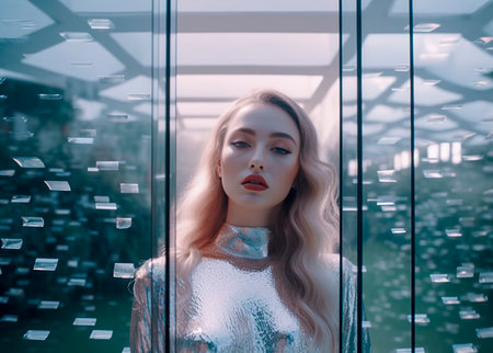 young blonde woman in a metallic outfit stands in a futuristic corridor with reflective surfaces and floating rectanglesの素材