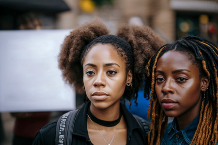 Two black women in jackets, one with a necklace, stand close, against a blurred urban backdrop with greeneryの素材