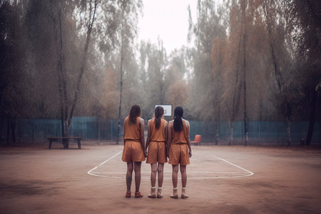 Three girls in orange dresses stand on a foggy basketball court, exuding a moody, nostalgic atmosphereの素材