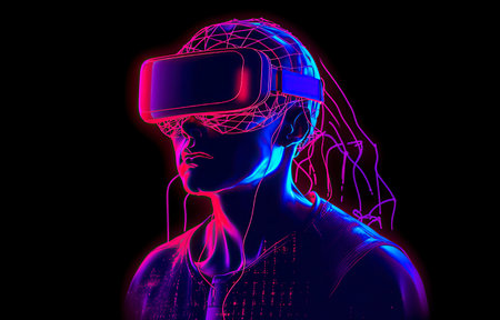 A neon silhouette of a person in VR headset, profile view, highlighted in vibrant blue and pink against a dark backgroundの素材